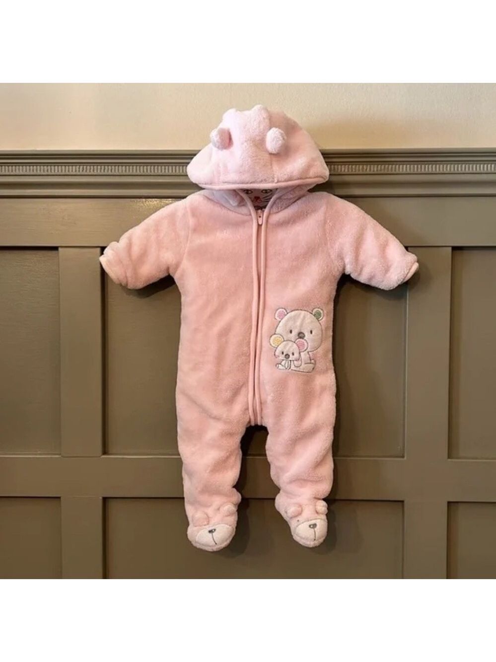Absorba Hooded Snow Suit Baby Pink Bear Footies Cozy Soft Size 0-3 Months